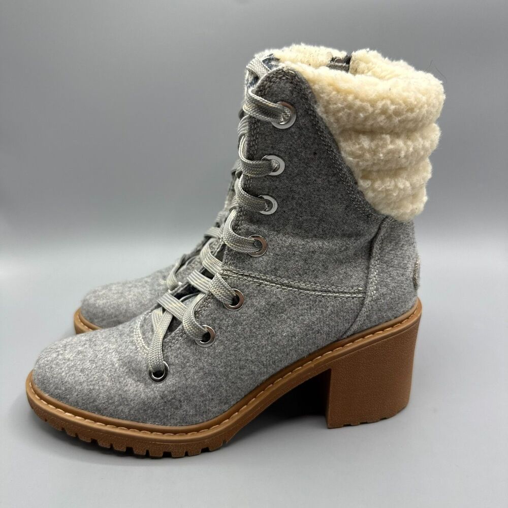 Roxy Women’s Gray Lace-Up Zip Ankle Boots Faux Shearling Lined Block Heel Size 8 - Picture 4 of 15